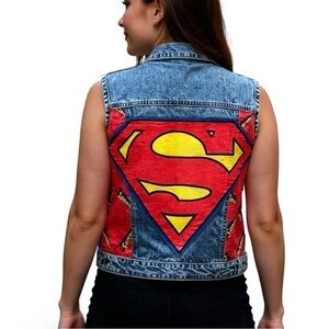 Hydraulic Jeans Vest - Superman Hand Applique Repurposed Jeans